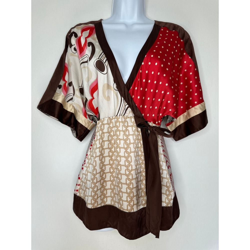 Bebe 100% Silk Wrap Top Womens Small Red Brown Mixed Print Polka Dot Boho Kimono
